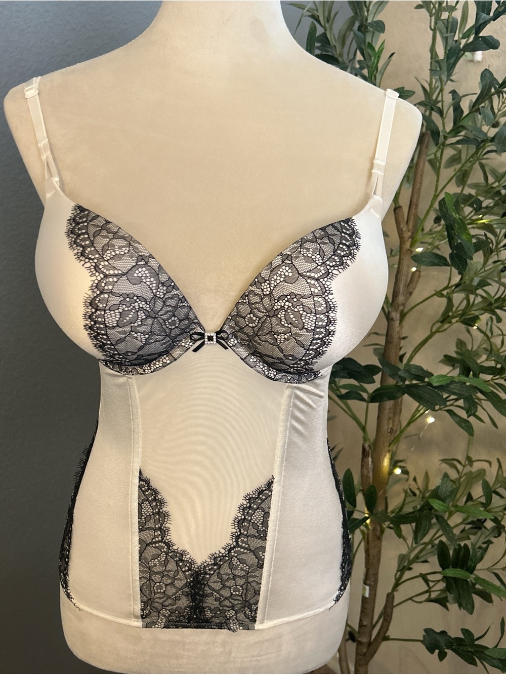 Victoria's Secret Corset Bustier Bra Top White Satin Black Lace NWT